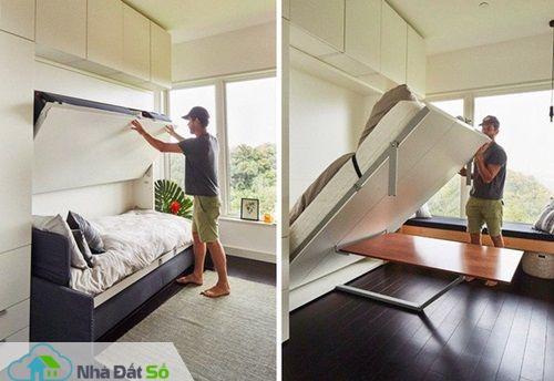 Chỉ vài thao tác, chiếc giường âm lại gọn gàng nằm trên tường ban ngày.
