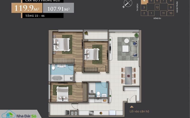 Mặt bằng căn hộ 2 Phòng Ngủ (94.5 m2) từ tầng 22 – 46