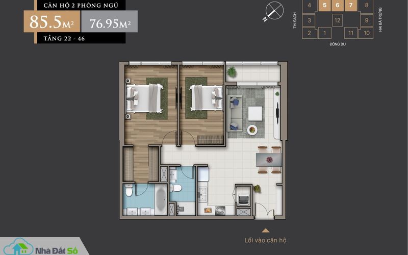Mặt bằng căn hộ 2 Phòng Ngủ (85.5 m2) từ tầng 22 – 46