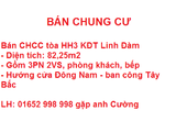 Cần Bán Gấp - Giá Rẻ Ntn Tìm Đâu Ra Nữa. Căn Góc 82,3M2, 3Pn, 2Vs Tòa Hh3 Linh Đàm. Giá Cực Rẻ 1.25