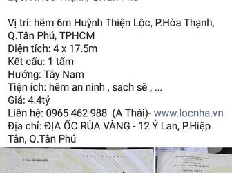 Bán Nhà 4.4 Tỷ, 4 X 17.5 Hẽm 6M Huỳnh Thiện Lộc, P.Hòa Thạnh, Q.Tân Phú