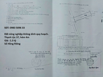 Bán Đất Thạnh Lộc 29,Q.12, Dt: 4X19M,Hẻm 4M, Sổ Riêng, 1.3 Tỷ