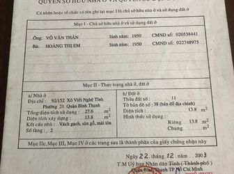 Bán Nhà 92/152 Xô Viết Nghệ Tĩnh, Phường 21, Quận Bình Thạnh