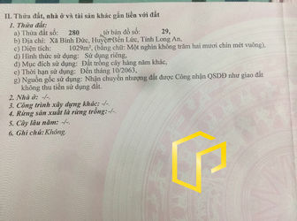 Bán 1000M2 Đất Vườn Ấp 2 Bình Đức, Bến Lức, Long An. Giá 450 Triệu. Sổ Hồng Riêng Đường Ô Tô 450Tr