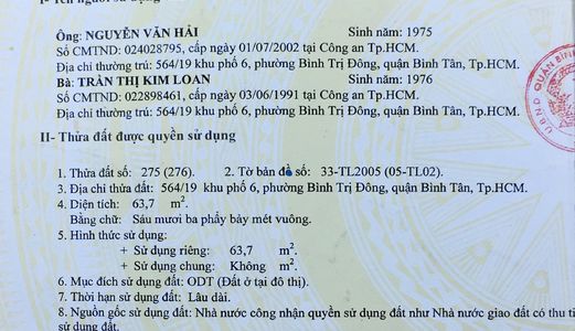 Nhà 564/19 Hương Lộ 2, Bình Tân; DT: 64m2; Gb: 2 Tỷ
