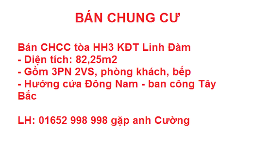 Cần Bán Gấp - Giá Rẻ Ntn Tìm Đâu Ra Nữa. Căn Góc 82,3M2, 3Pn, 2Vs Tòa Hh3 Linh Đàm. Giá Cực Rẻ 1.25