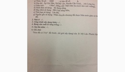 Bán Đất Thổ Cư Cần Giuộc Đường Nhựa Mỹ Lộc Phước Hậu Dt 5x28 Giá 650 Triệu