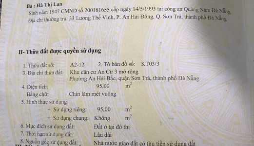 Cần Bán Lô Đất Mt Đông Kinh Nghĩa Thục , Sơn Trà ,- Đà Nẵng , 95m2 , Giá 6 Tỷ , H: Bắc 