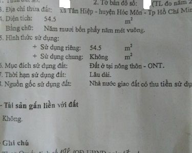 Bán Đất Thổ Cư Xã Tân Hiệp, Hóc Môn 4 X 15M Sổ Riêng Giá Chỉ 860 Triệu