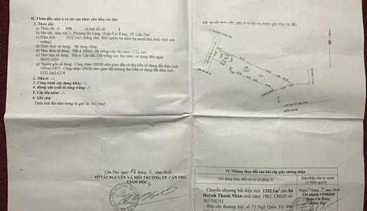 Bán Đât Nền: Phường Ba Láng Quận Cái Răng Tp Cần Thơ Diện Tích 1332.1M2. Thổ Cư 100M2 Nằm Dưới Cầu 