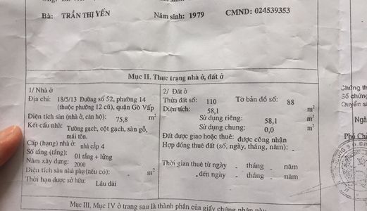 Bán Nhà Hxh 40, Dt 4X16,5M 111/28/ Phạm Văn Chiêu, Gò Vấp