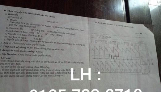 Chính Chủ Cần Bán 2 Ô Đất Hà Khánh B, 243M2 Có Sổ Đỏ. Hướng Tb