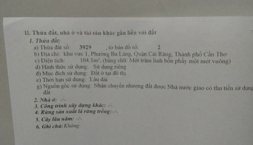 Bán Đất Nền Thổ Cư Đường Chính Chị Quận Cái Răng