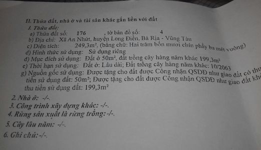 249M2 Đất Đường Nhựa Xã An Nhứt, Huyện Long Điền, Bà Rịa Vũng Tàu.