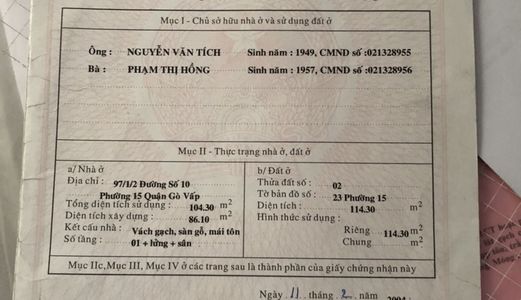 Bán Nhà Cấp 4, 97/2/1 Đường 10, P.15, Gò Vấp, 114M2; Giá 4,3 Tỷ Lh 0908517057