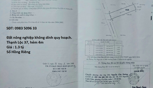 Bán Đất Thạnh Lộc 29,Q.12, Dt: 4X19M,Hẻm 4M, Sổ Riêng, 1.3 Tỷ