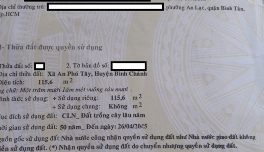 Bán Lô Đất Dân 115M2 (4X30) An Phú Tây 3 Mt Đường, Mặt Tiền Trước Quy Hoạch 16M Giá Đúng 1 Tỷ