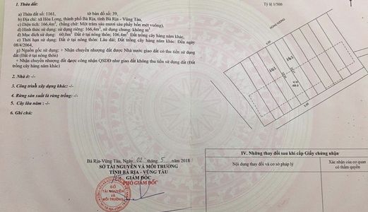Bán 4 Lô Liền Kề Mặt Tiền Đường Hùng Vương, Tp Bà Rịa, Giá: 1,7 Tỷ, Diện tích: 166M2 - 60M2 Thổ Cư