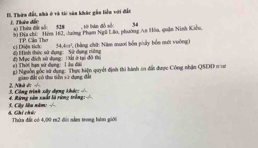 Nền Hẻm 162 Phạm Ngũ Lão, P. An Hòa, Ninh Kiều, Tặng Giấy Phép Xây Dựng Chính 